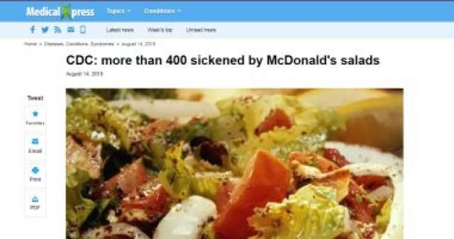 المراكز الأمريكية لمكافحة الأمراض: أكثر من 400 مريض بسبب سلطات ماكدونالدز