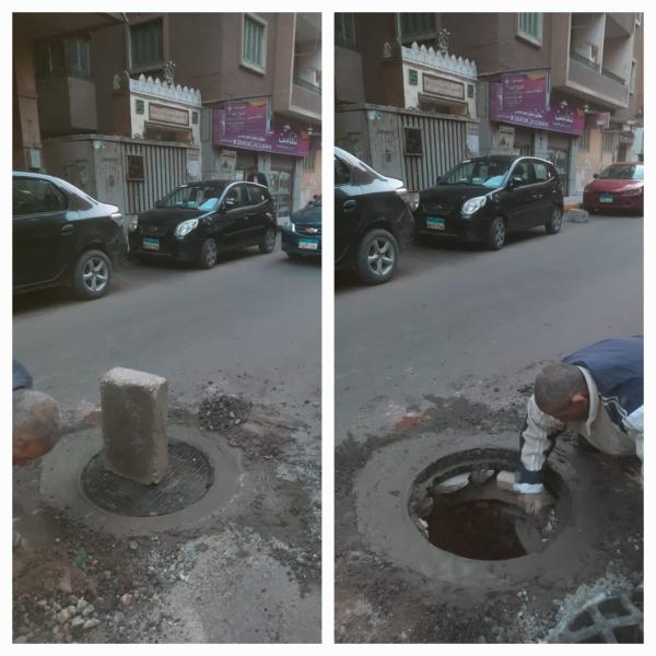 تركيب بالوعات صرف مياه الأمطار ورفع كفاءة الإنارة بشوارع حي العجوزة|صور