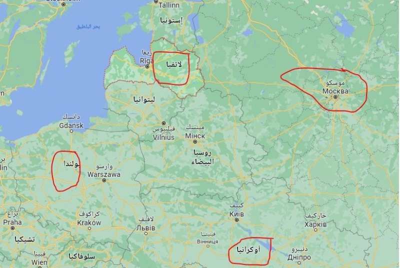 صورة أرشيفية لخريطة روسيا وأوكرانيا ولاتفيا وبولندا