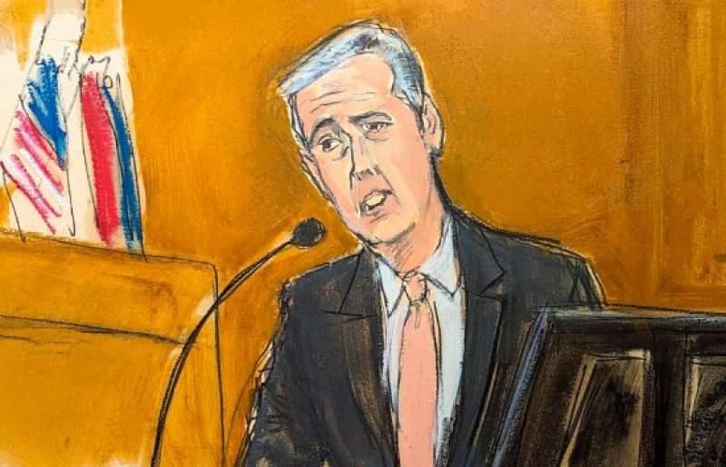 صورة تخيلية لمايكل كوهين محامي ترامب السابق خلال شهادته بمحكمة نيويورك 