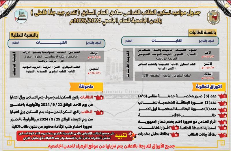 الأحد القادم...بدء تسكين الطلاب القدامى بمدن سوهاج الجامعية