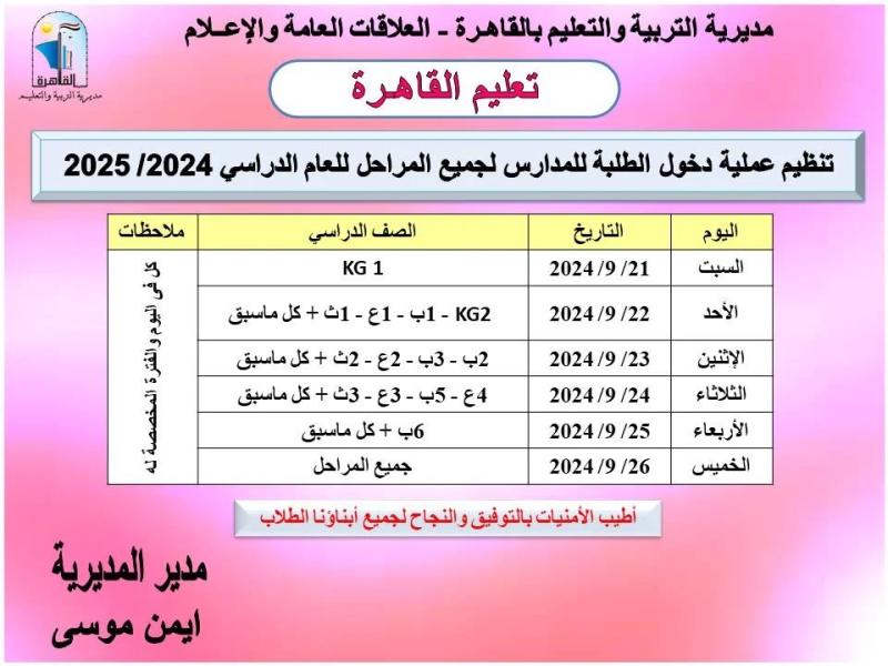 جدول حضور طلاب المدارس بالقاهرة فى أول أسبوع للدراسة