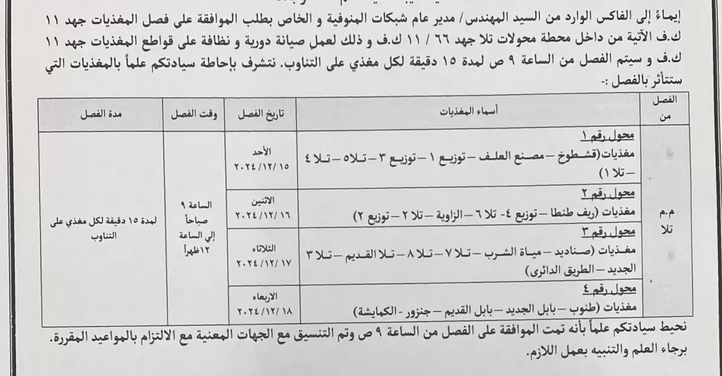 الأسبوع القادم.. تعرف على مواعيد انقطاع الكهرباء عن مركز تلا بالمنوفية