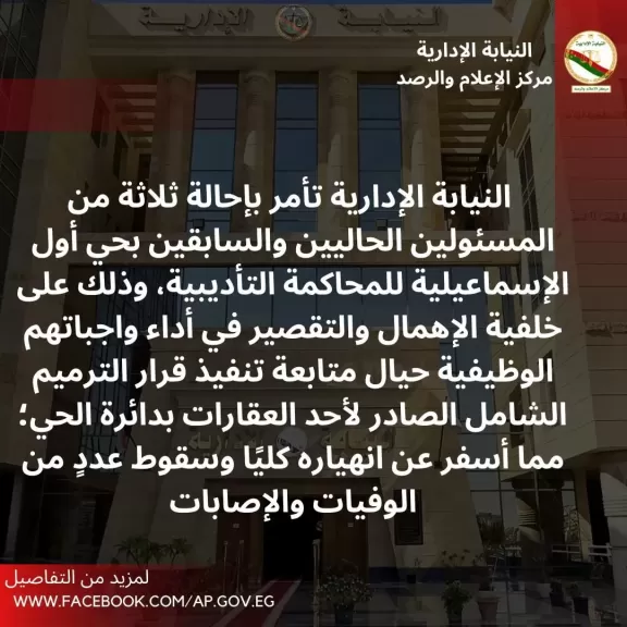 لاتهامهم بالإهمال والتقصير.. إحالة 3 مسئولين بحي أول الإسماعيلية للمحاكمة