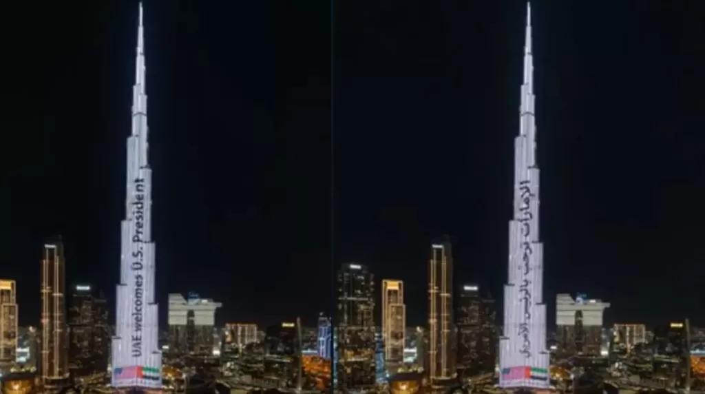 برج خليفة يحتفى بزيارة ترامب بألوان العلم الأميركي