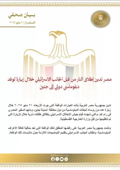 مصر تُدين إطلاق إسرائيل النار على وفد دبلوماسي دولي في جنين
