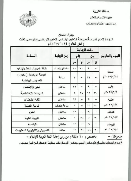 غداً.. أكثر من 120 ألف طالب وطالبة يؤدوا امتحانات الشهادة الإعدادية بالقليوبية