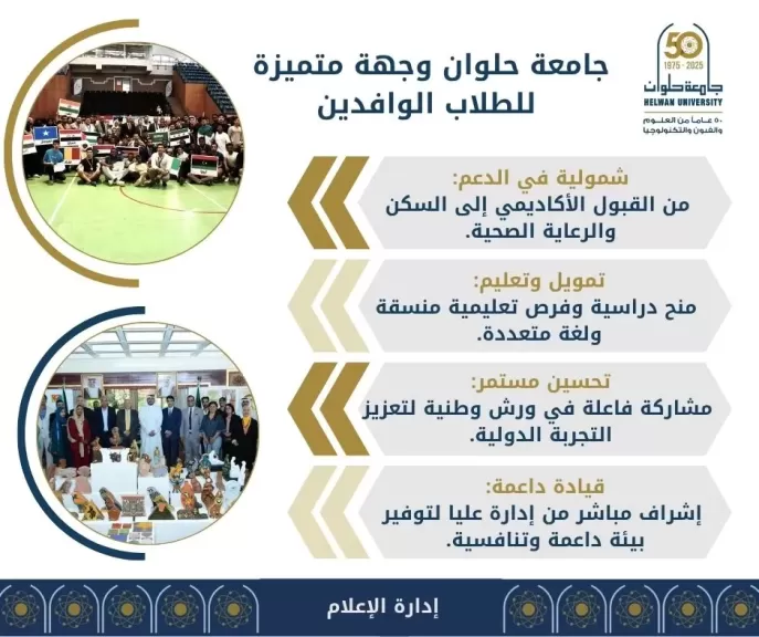 جامعة حلوان تُطلق برنامج المنح الدراسية للطلاب الوافدين بمرحلتي «البكالوريوس والدراسات العليا»