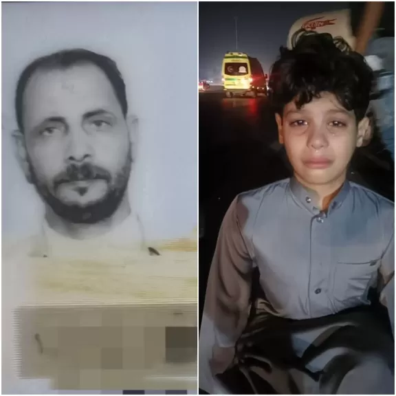 الوداع الأخير على الأسفلت.. صورة طفل منوفي تهز القلوب بعد مصرع والده في حادث مروع على الدائري