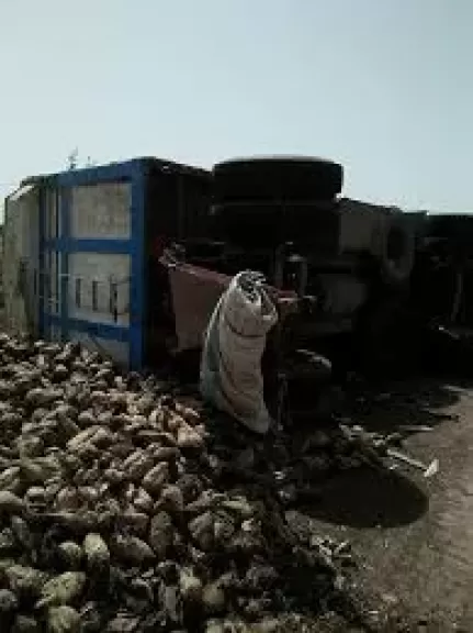 البنجر كله علي الأسفلت.. إنقلاب سيارة نقل ثقيل علي الطريق الحر باتجاه بنها