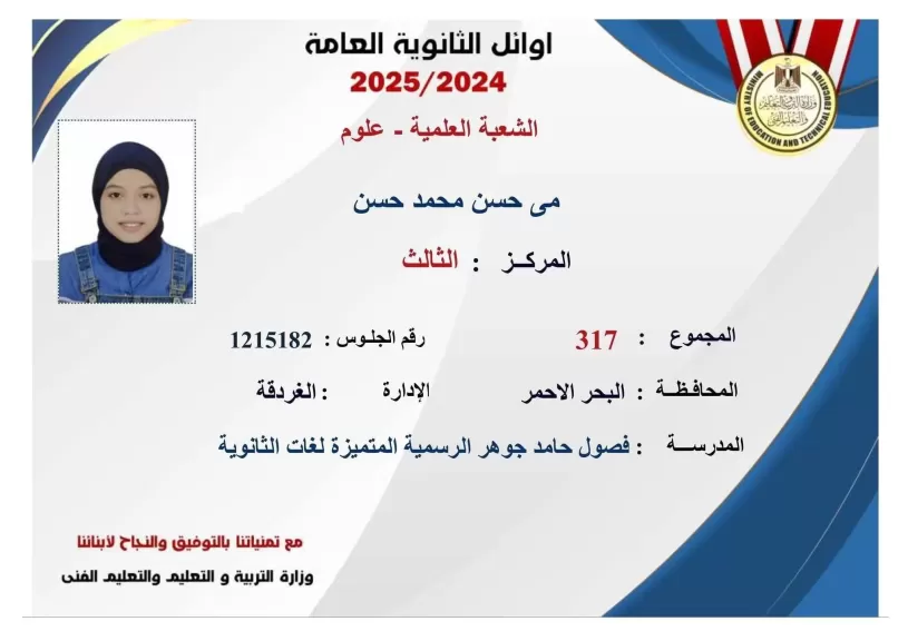 محافظ البحر الأحمر يهنئ الطالبة مي حسن محمد لحصولها على المركز الثالث على الجمهورية بالثانوية العامة