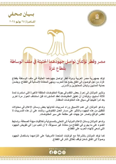 بيان مصر قطري عاجل بشأن مفاوضات وقف إطلاق النار بغزة وتناول وسائل الإعلام الدولية