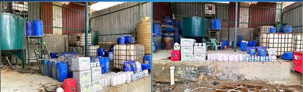ضبط مسؤولي مصنع منظفات غير مرخص يستخدم مواد فاسدة بالخانكة.. خطر يهدد الصحة العامة