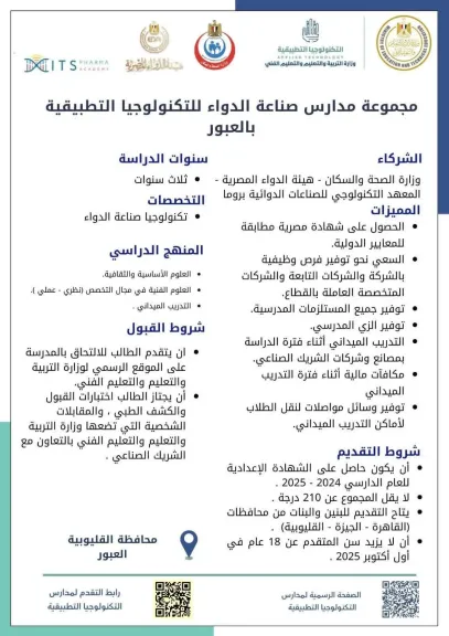 «التعليم» تُطلق مدارس تكنولوجيا تطبيقية جديدة في تخصص الدواء بالتعاون مع إيطاليا