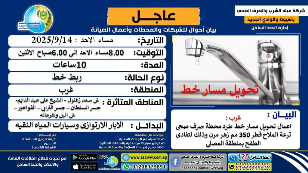 قطع مياه الشرب عن 6 مناطق بأسيوط لمدة 10 ساعات