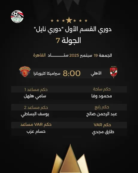صافرة محمود وفا تقود مواجهة الأهلي وسيراميكا في الجولة السابعة من دوري نايل