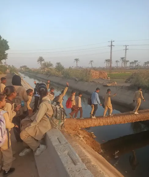 ايديهم على قلوبهم.. جذع نخيل على ترعة وسيلة مرور تلاميذ عزبة الصاوي بأسيوط
