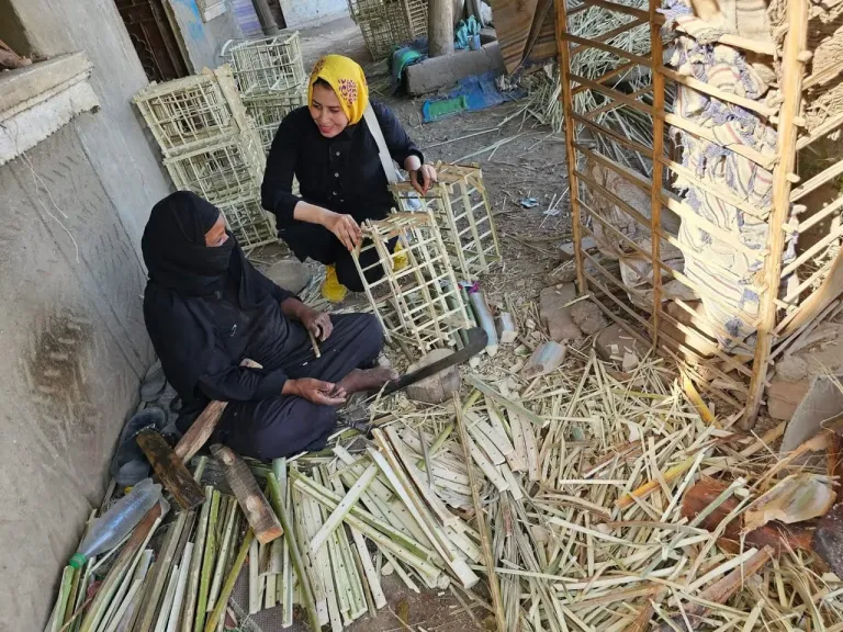 مُسنة صعيدية ب100 راجل.. ”أم محمد ابنة قنا” 50 عامًا في صناعة الأقفاص من جريد النخيل أمام منزلها: كنت بصرف على أولادي بعد وفاة زوجي ونفسي أحج