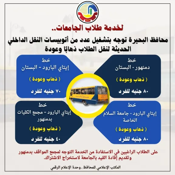 محافظ البحيرة: تشغيل عدد من أتوبيسات النقل الداخلي الحديثة لنقل طلاب الجامعات محافظ البحيرة: تشغيل عدد من أتوبيسات النقل الداخلي الحديثة لنقل طلاب الجامعات