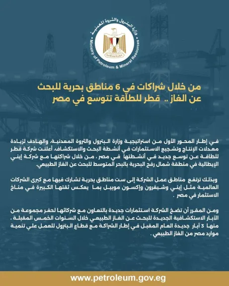 شركة قطر للطاقة توسع أنشطتها في مصر عبر 6 مناطق بحرية للبحث... شركة قطر للطاقة توسع أنشطتها في مصر عبر 6 مناطق بحرية للبحث عن الغاز