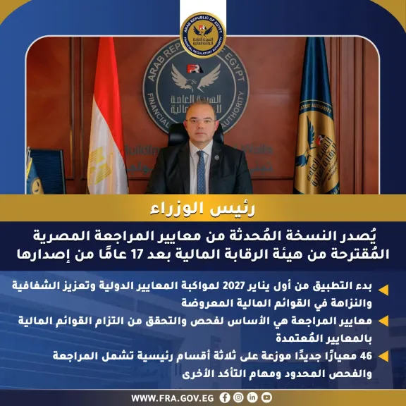 رئيس الوزراء يُصدر النسخة المُحدث لمعاييرالمراجعة المقترحة من هئية الرقابة المالية رئيس الوزراء يُصدر النسخة المُحدث لمعاييرالمراجعة المقترحة من هئية الرقابة المالية