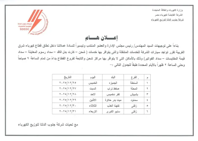 قطاع كهرباء شرق الغربية يعلن تشغيل السيارات المتنقلة لتقديم خدمات الشحن والسداد بالمناطق المحرومة من مراكز الشحن