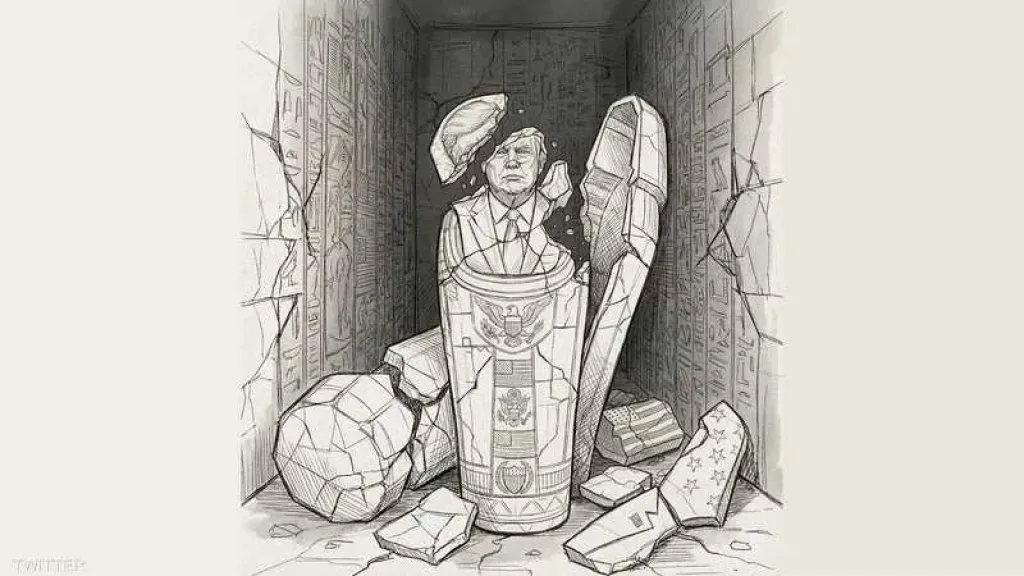 خامنئي يغرد على ”إكس” برسم لترامب فى تابوت فرعوني محطم