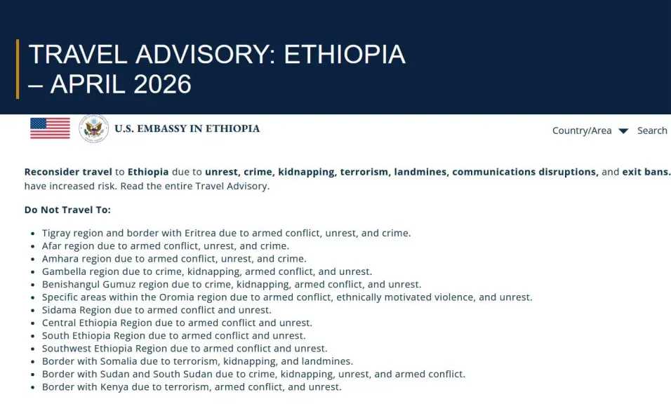 تحذير أمريكي شامل لإثيوبيا يثير الجدل: “قائمة مخاطر مفتوحة” تمتد لمعظم أنحاء البلاد
