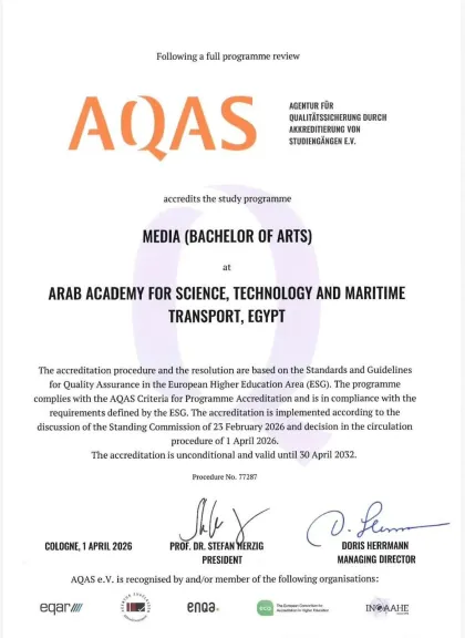 الأكاديمية العربية للنقل البحري تحصل على الاعتماد الدولي ”AQAS” لبرامج الإعلام حتى 2032