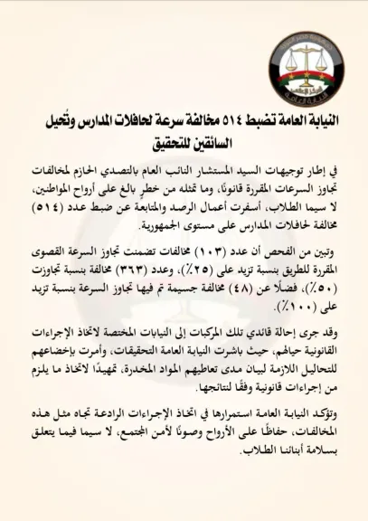 النيابة العامة تضبط 514 مخالفة سرعة لحافلات المدارس وتُحيل السائقين للتحقيق