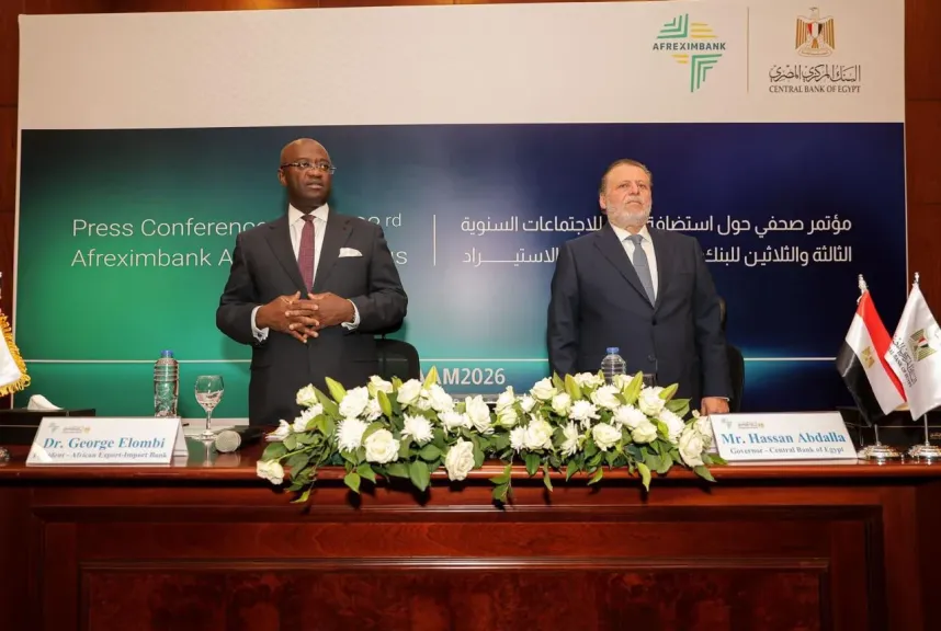 محافظ المركزي المصري ورئيس البنك الإفريقي للتصدير والاستيراد يعقدان مؤتمرًا صحفيًا للإعلان عن التحضيرات الجارية لاستضافة مصر للاجتماعات السنوية الثالثة والثلاثين لأفريكسيم بنك بالعلمين
