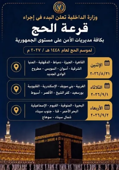 الداخلية تبدأ قرعة الحج العلنية بـ27 مديرية أمن على مستوى الجمهورية